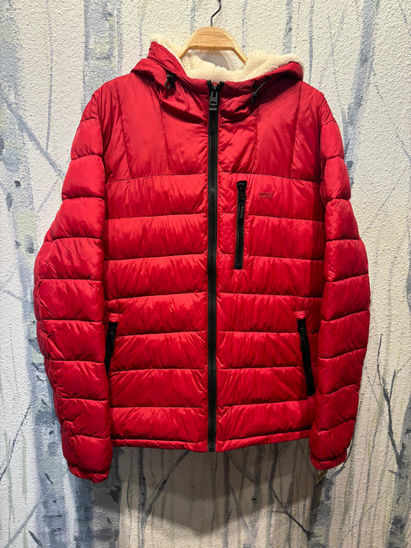 Levi Quilted Puffer Sherpa Lined Hood Puffy Coat Jacket - Red, Mens 2X Large