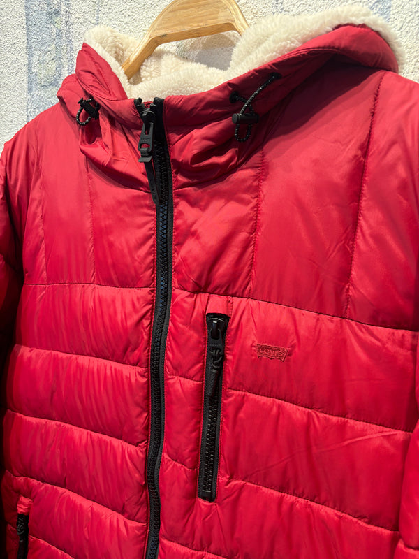 Levi Quilted Puffer Sherpa Lined Hood Puffy Coat Jacket - Red, Mens 2X Large