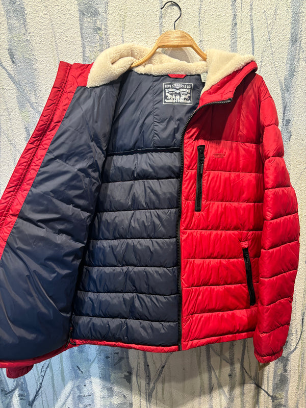 Levi Quilted Puffer Sherpa Lined Hood Puffy Coat Jacket - Red, Mens 2X Large