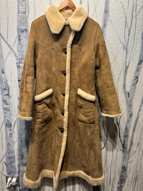 Rams Wool Products 100% Sheepskin Shearling Trench Coat - Tan, Womens 12